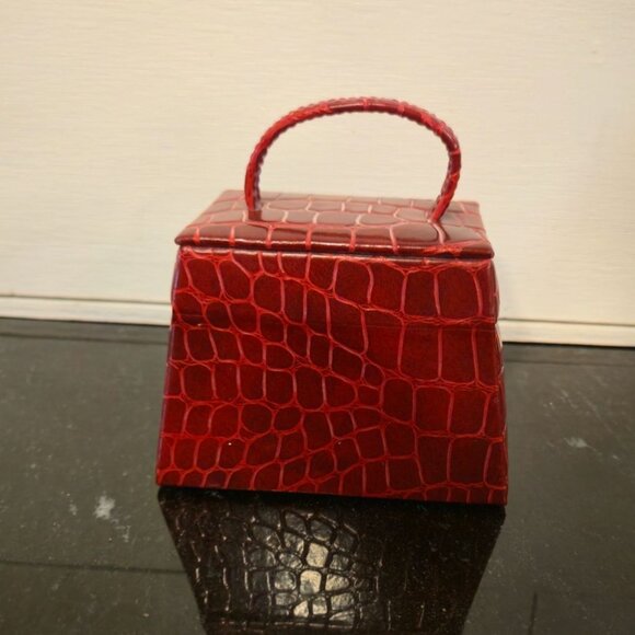 Vintage bag  Jewelry Box With Mirror Red Crocodile Pattern Faux Leather travel p - Picture 4 of 10